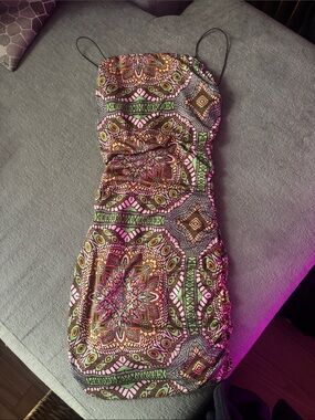 Summer Spaghetti-Strap Printed Dress in Multicolor